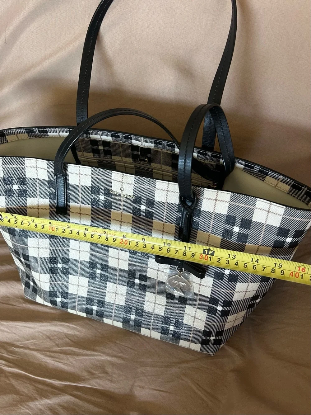 Kate Spade Black and Cream Plaid Tote with Heart Charm
